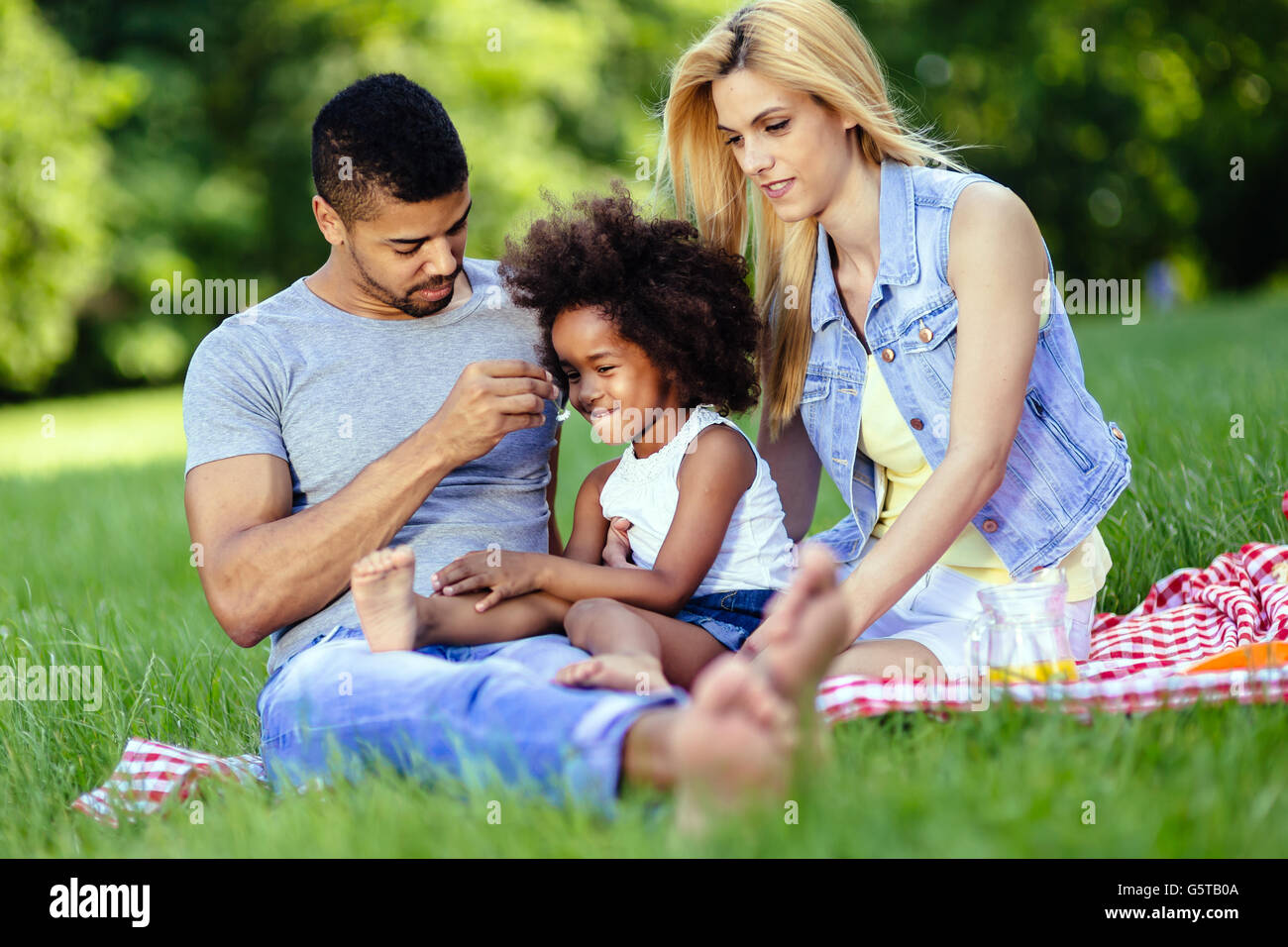 Family enjoying picnicking in nature Stock Photo Alamy