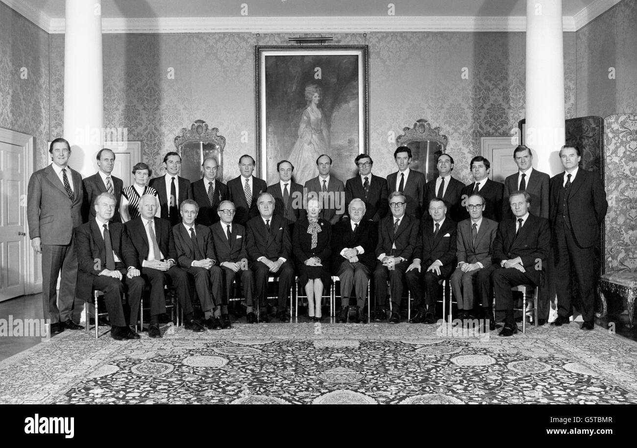 The Cabinet, Mr William Whitelaw seated next to the Prime Minister Margaret Thatcher. The full Conservative Cabinet line up. Front Row L-R: Peter Walker (Agriculture); James Prior (Northern Ireland); Sir Keith Joseph (Education & Science); Lord Carrington (Foreign Secretary); William Whitelaw (Home Secretary); Margaret Thatcher (Prime Minister), Lord Hailsham (Lord Chancellor); Sir Geoffrey Howe (Chancellor of the Exchequer); Francis Pym (Lord President); John Nott (Defence) and Michael Heseltine (Environment). Back Row L-R: Michael Jopling (Chief Whip); Norman Tebbit (Employment); Baroness Stock Photo