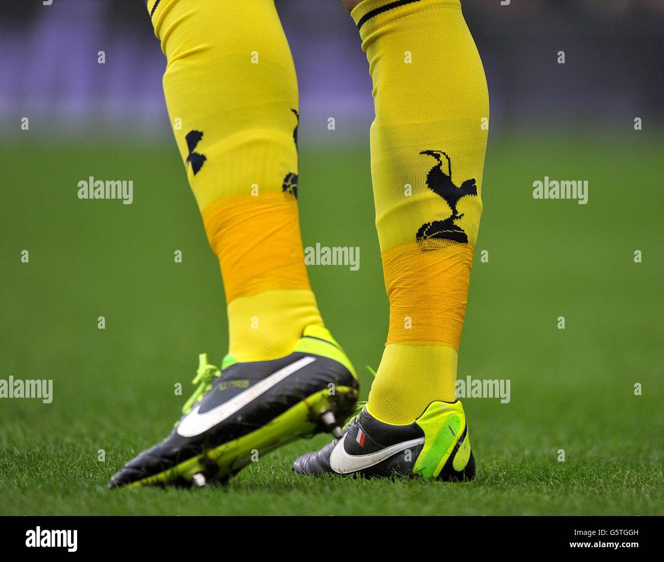 General view of a Tottenham Hotspur players socks and boots during the match Stock Photo