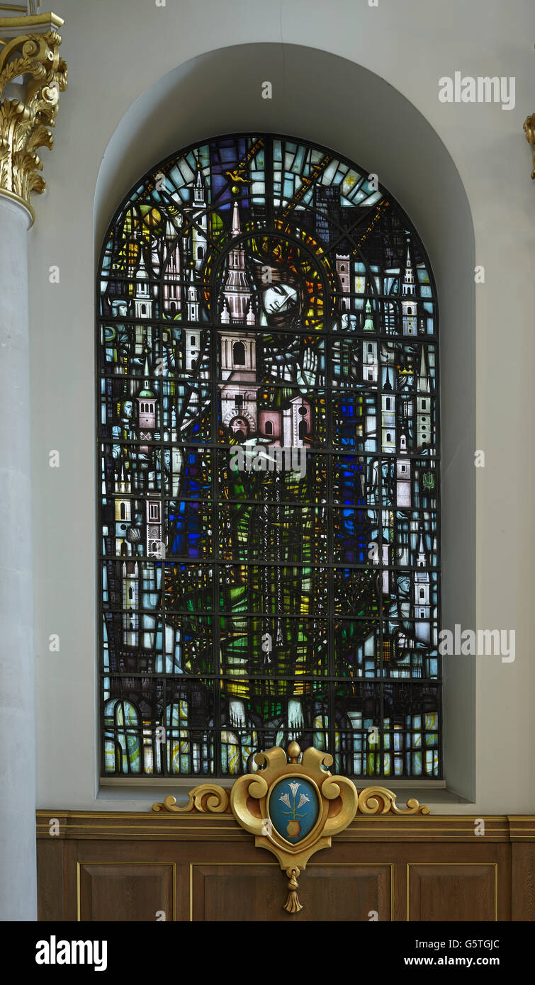 St Mary le Bow, church in London, by Christopher Wren, 1670s. 1960s Post-war St Mary window by John Hayward Stock Photo