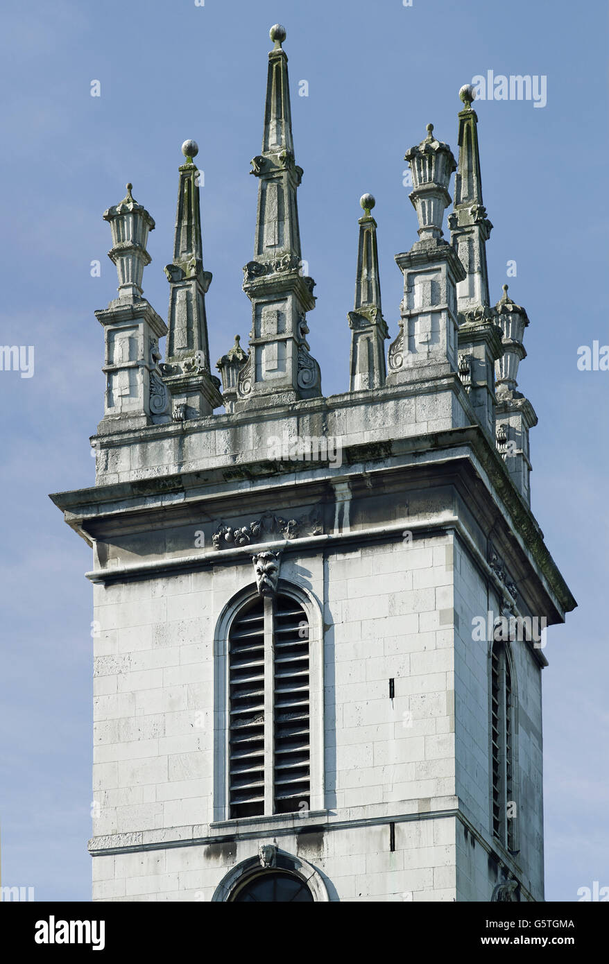 St Mary Somerset church in the City of London, baroque tower with pinnacles and obelisks perhaps by Nicholas Hawksmoor Stock Photo