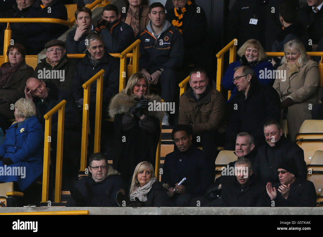 Ex Wolverhampton Wanderers player Paul Ince sits with celebrating wife Claire as their son Thomas Ince scores during the npower Football League Championship match at Molineux, Wolverhampton. Stock Photo