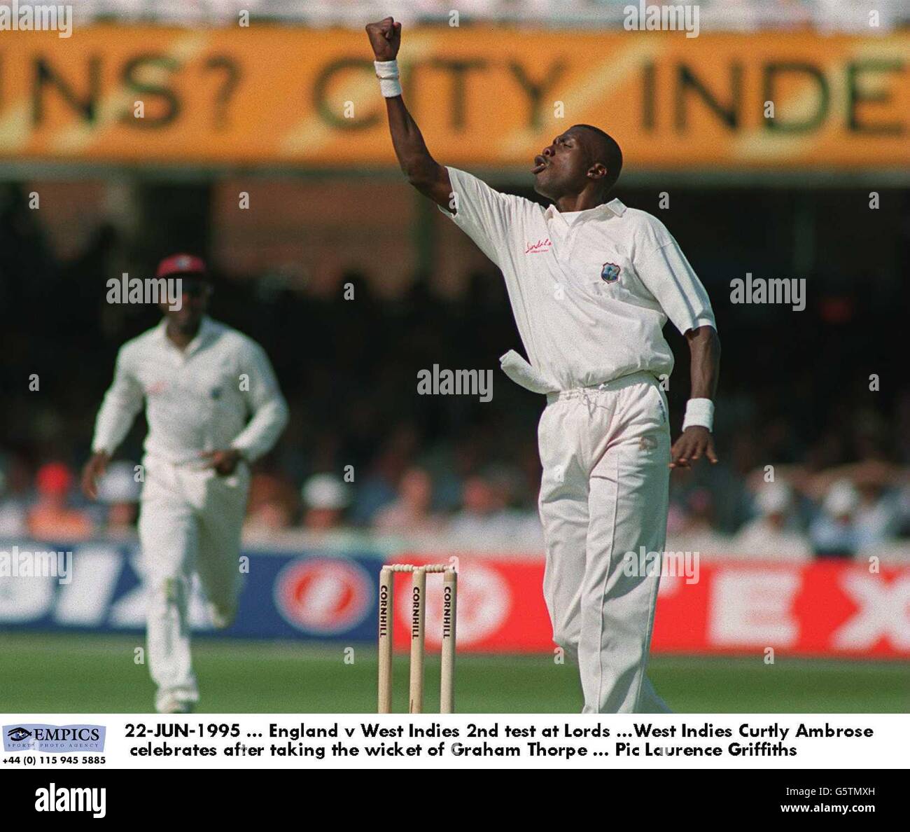 22-JUN-1995, England v West Indies 2nd test at Lords, West Indies Curtly Ambrose celebrates after taking the wicket of Graham Thorpe Stock Photo