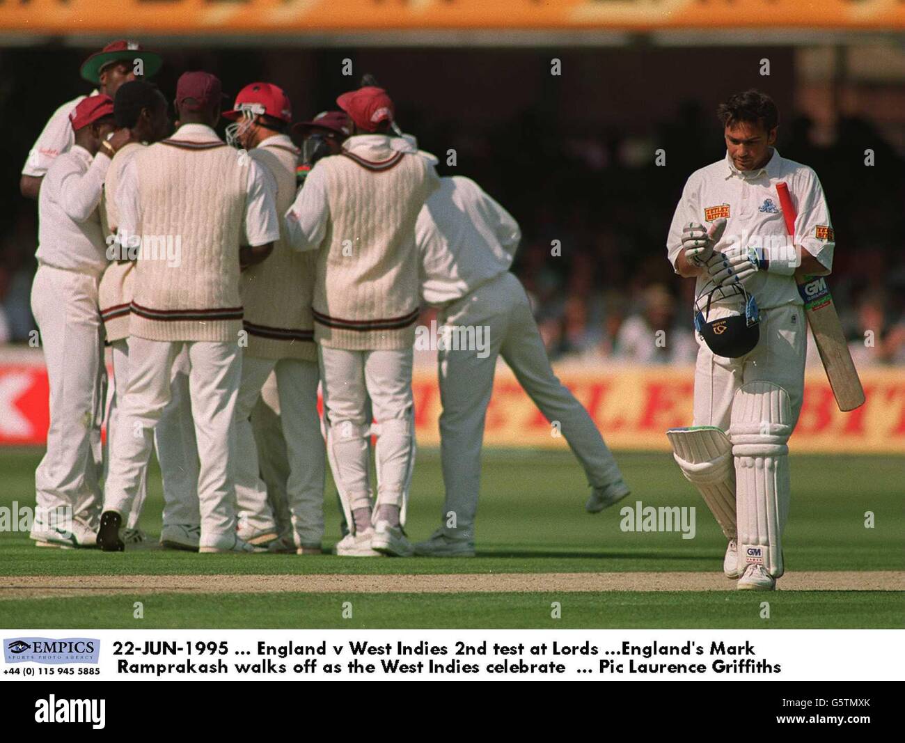 22-JUN-1995, England v West Indies 2nd test at Lords, England's Mark Ramprakash walks off as the West Indies celebrate Stock Photo