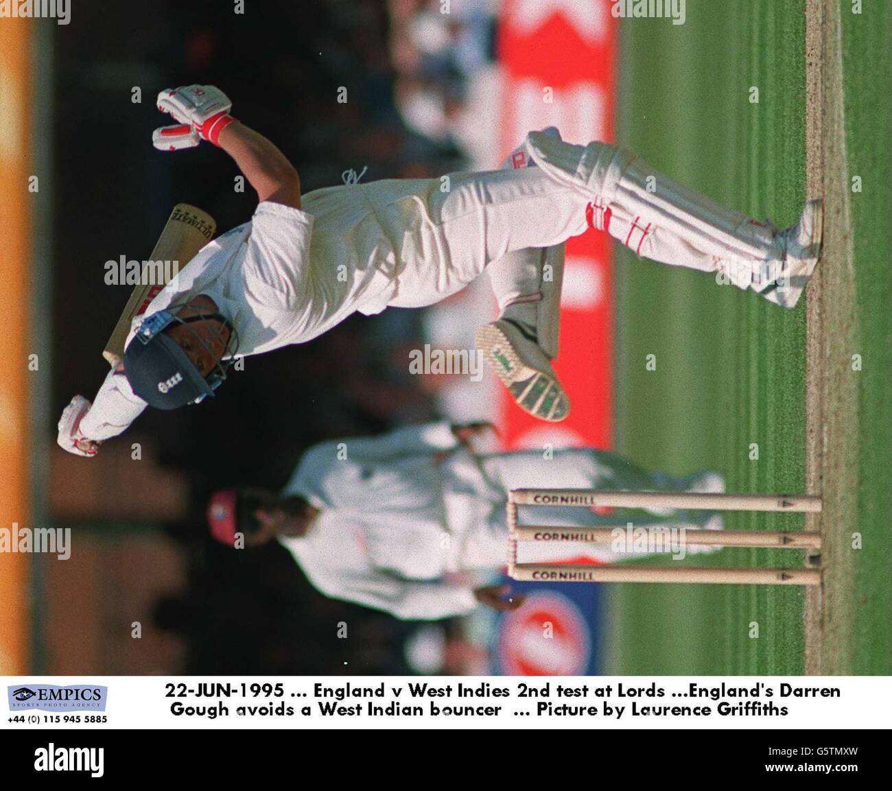 22-JUN-1995. England v West Indies 2nd test at Lords .England's Darren Gough avoids a West Indian bouncer. Picture by Laurence Griffiths Stock Photo