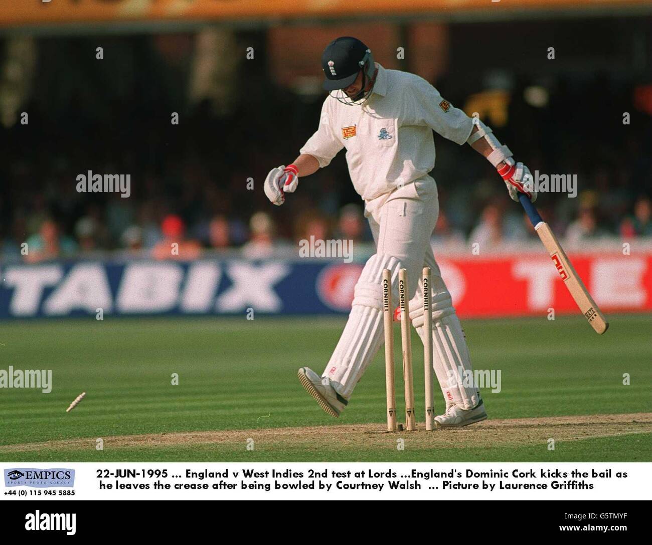 22-JUN-1995 ... England v West Indies 2nd test at Lords ...England's Dominic Cork kicks the bail as he leaves the crease after being bowled by Courtney Walsh ... Picture by Laurence Griffiths Stock Photo