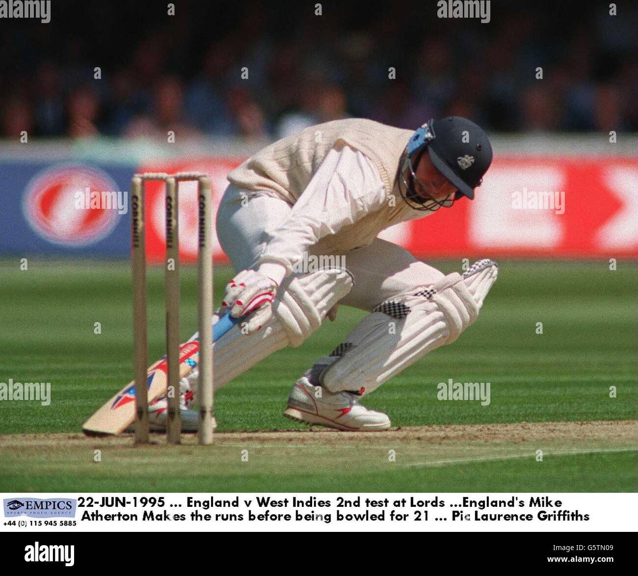 22-JUN-1995. England v West Indies 2nd test at Lords .England's Mike Atherton Makes the runs before being bowled for 21 Stock Photo