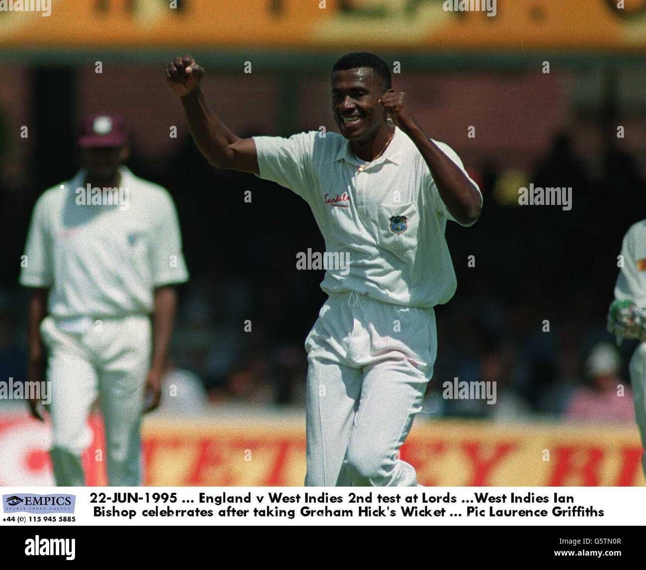 22-JUN-1995, England v West Indies 2nd test at Lords, West Indies Ian Bishop celebrates after taking Graham Hick's Wicket Stock Photo