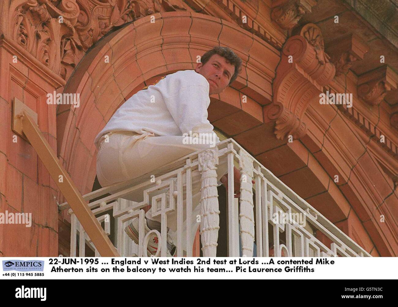 22-JUN-1995 ... England v West Indies 2nd test at Lords ...A contented Mike Atherton sits on the balcony to watch his team Stock Photo