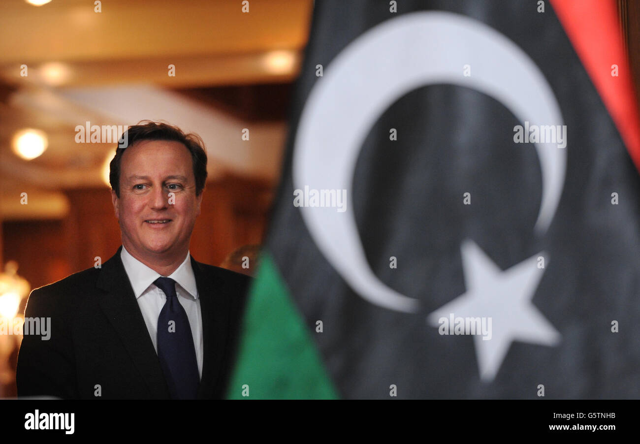 Prime Minister David Cameron holds a news conference with the Libyan Prime Minister Ali Zeida in Tripoli during his one day visit to Libya. Stock Photo