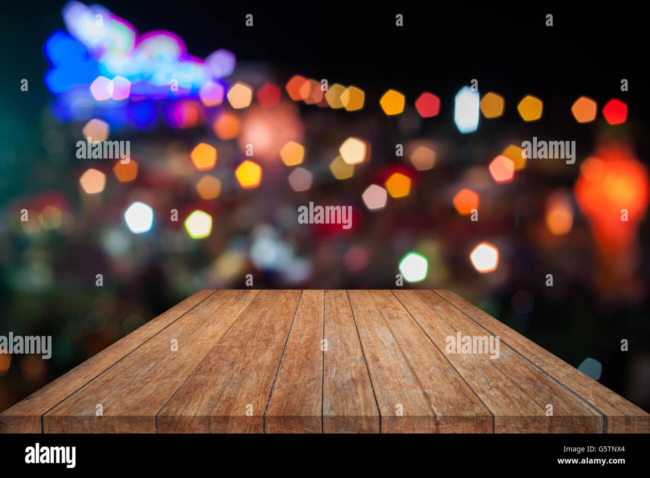 Brown wooden with abstract blurred bokeh lights, stock photo Stock Photo