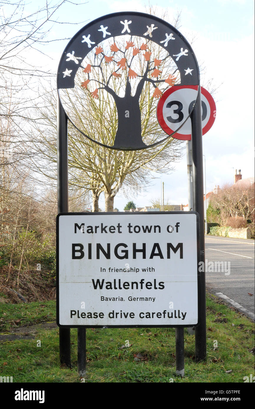 General view of a sign for the town of Bingham in Nottinghamshire. Stock Photo