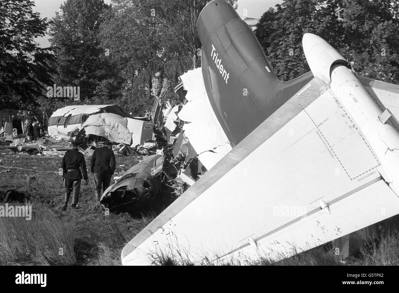 The wreckage of the Brussels-bound BEA Trident aircraft, which crashed minutes after taking off from Heathrow Airport in a field in Staines, killing all 118 people on board. Stock Photo