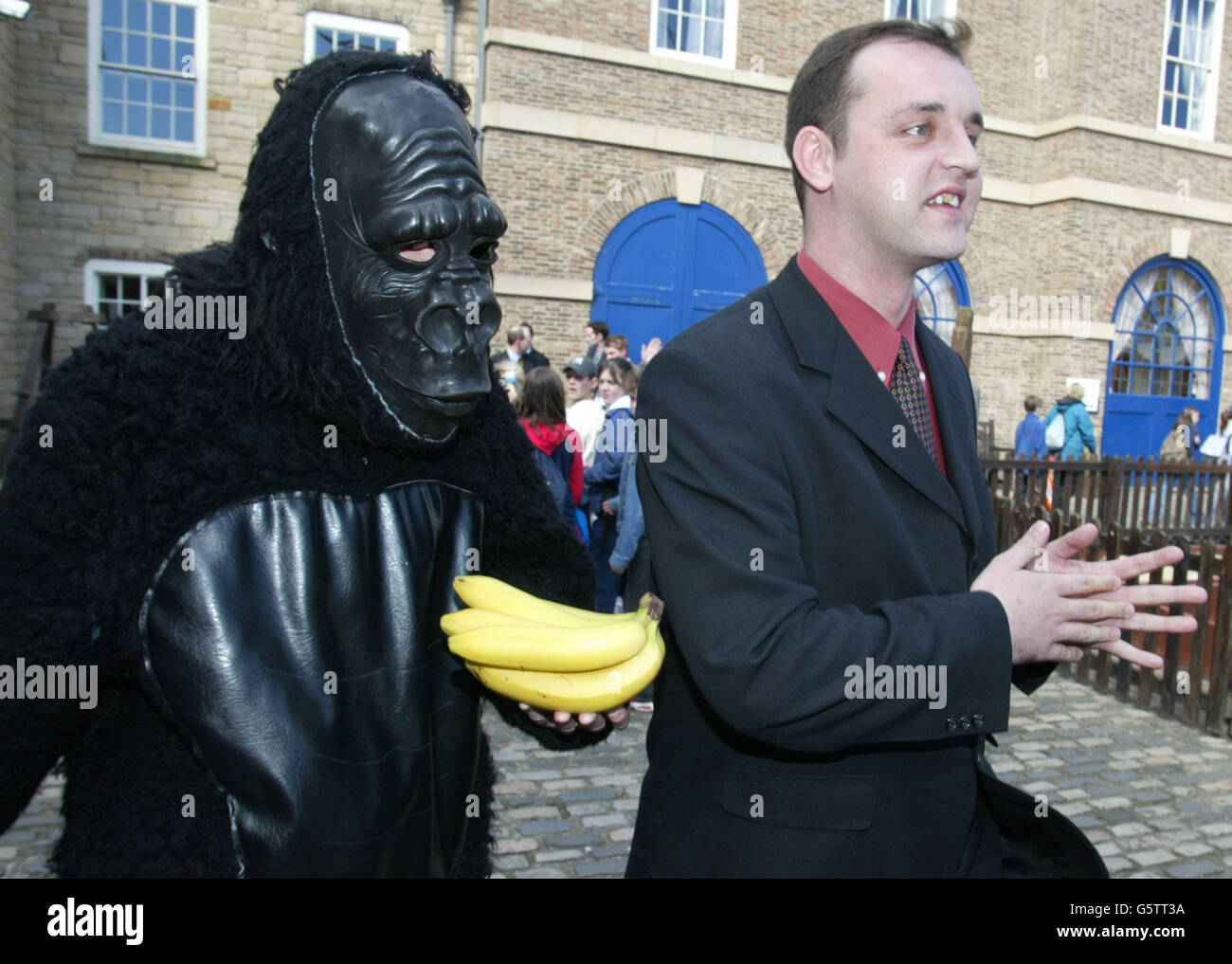 Stuart Drummond (right) - who dresses as H'Angus, the mascot for Hartlepool United Football Club - walks with a rival through the town after he was elected Mayor in the local council elections. Local legend says that a monkey was once hanged in the town on suspicion of spying. * Drummond left the Labour candidate trailing in second place and now takes up the post, which pays more than 53,000-a-year. Stock Photo