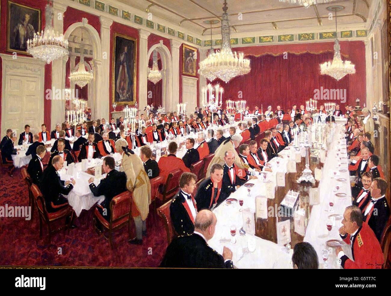 A painting of the 'Queen's dinner, December 4th 2000', painted by Julian Barrow, one of the exhibits at the Royal Artillery Officers' mess in Woolwich , which opened to the public for the first time in its 200 year history. Stock Photo