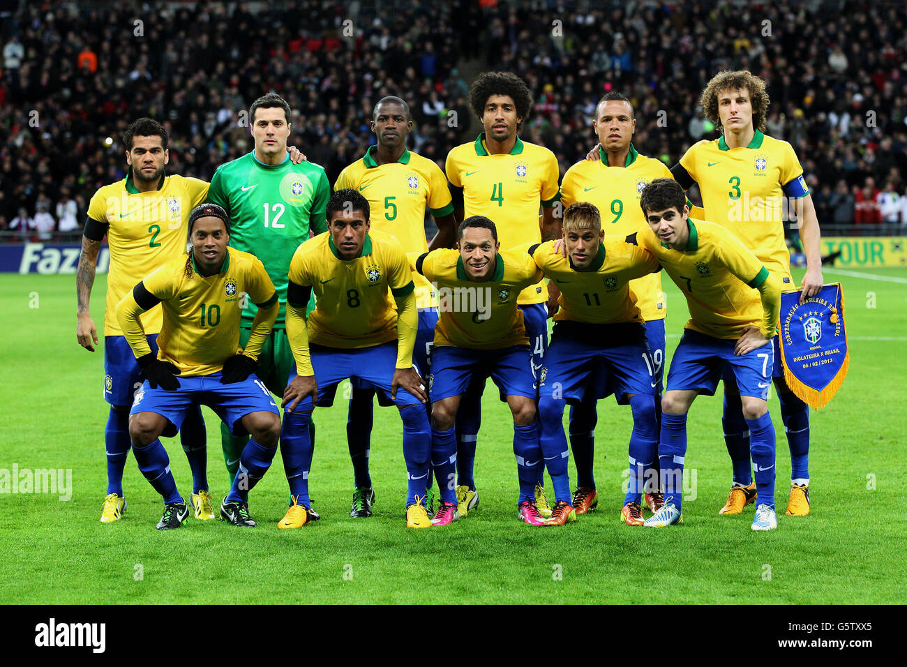Brazil team group (top row left to right) Dani Alves, Julio Cesar, Ramires, Dante, Luis Fabiano and David Luiz. (bottom row left to right) Ronaldinho, Paulinho, Adriano, Neymar and Oscar Stock Photo