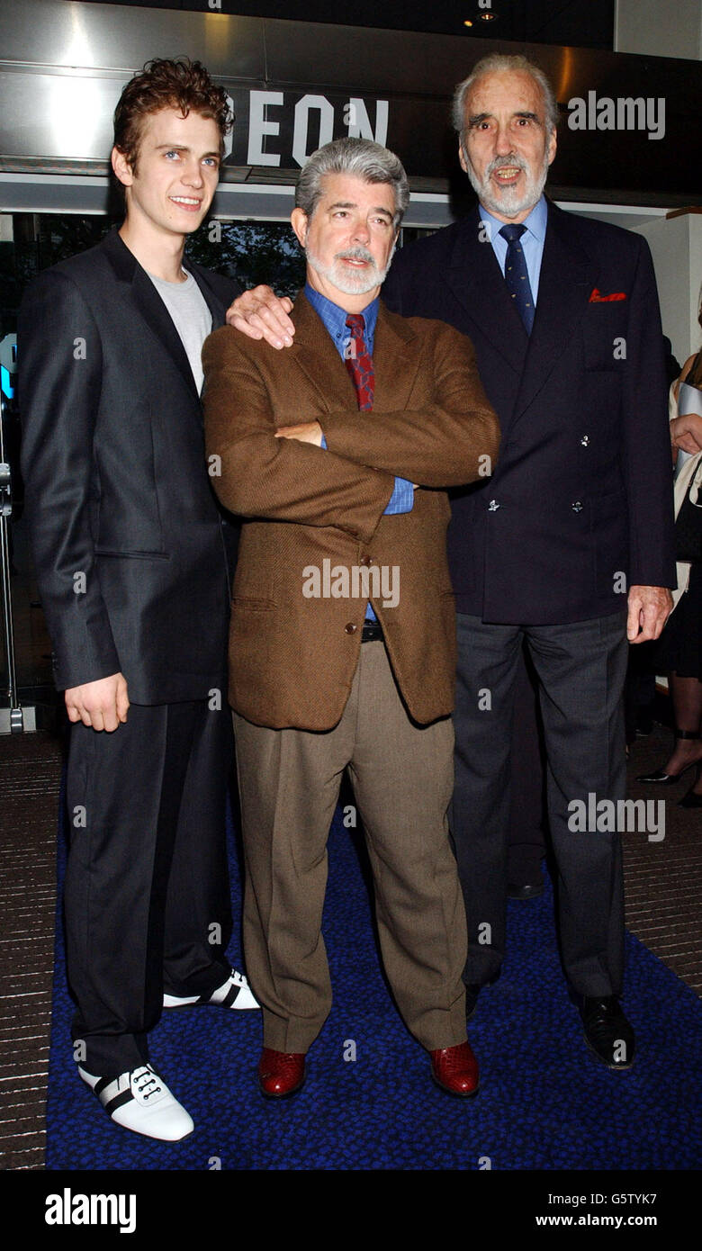 Stars of the film Hayden Christensen (L) and Christopher Lee (R) are joined by director George Lucas at the charity premiere of Star Wars: Episode II - Attack of the Clones at The Odeon Leicester Square in London. Stock Photo