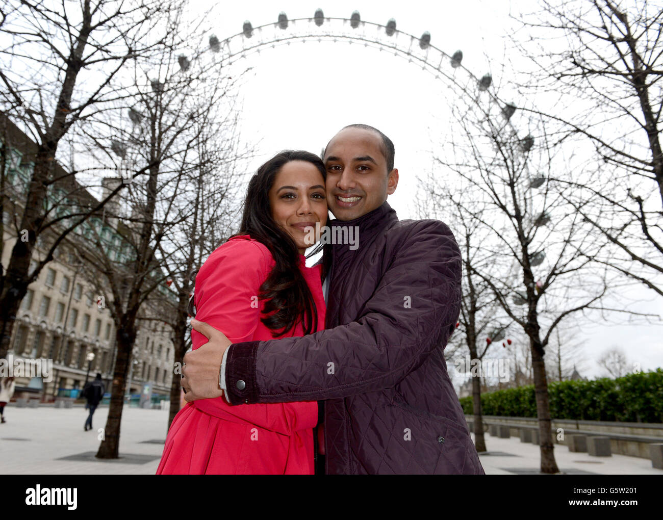 Natasha Palmer and Jagan Rao, from London who became the 5000th couple to get engaged on the EDF Energy London Eye, just in time for Valentines day. Stock Photo