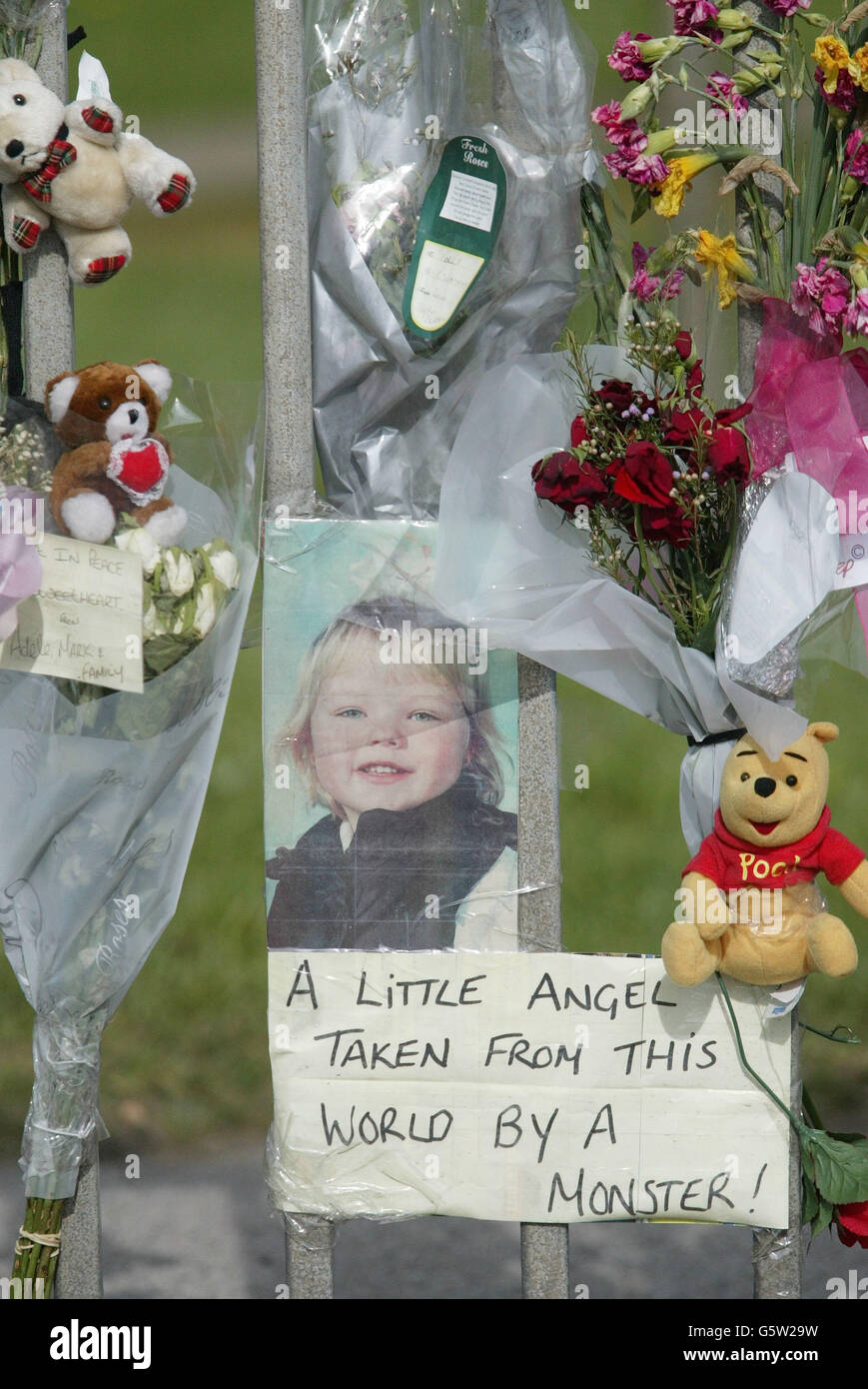 A message left on the day, 6 year old Leonie Rose Shaw's funeral took place in Bishop Auckland, after she was killed on the A688 by a hit and run driver last Saturday. Stock Photo