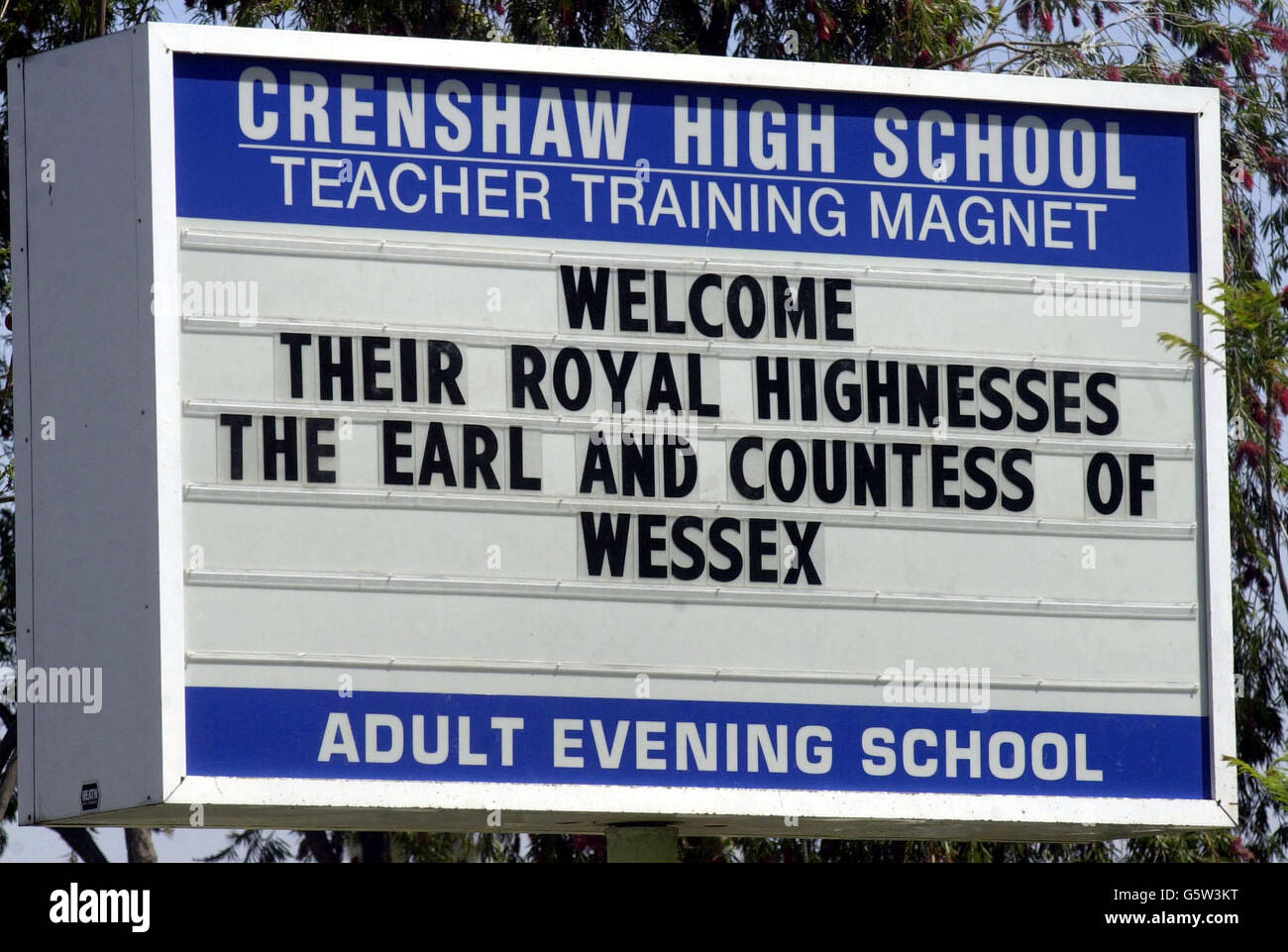 The sign welcoming the The Earl and Countess of Wessex to the Crenshaw High School in Los Angeles. During a visit to the school the Earl presented a cheque for $5,000 on behalf of the UK Foreign & Commonwealth Office to be used to purchase additional equipment for digital arts programs. Stock Photo