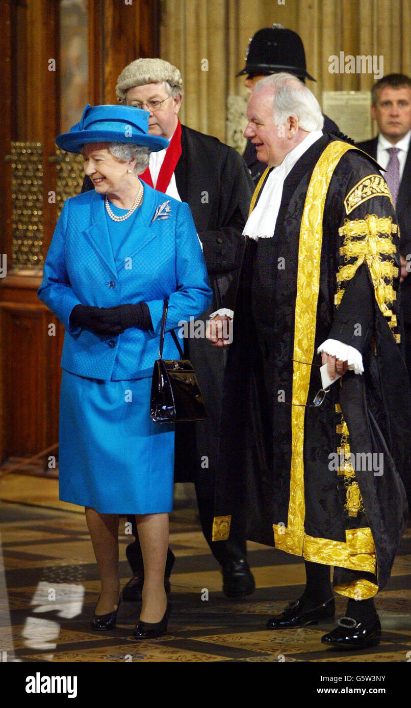 Britain's Queen Elizabeth II is escorted by Speaker of the House of Commons, Michael Martin (R), through Central Lobby in the Houses of Parliament after making an historic address at the start of her Golden Jubilee celebrations in London . * It was only the fifth time in her long reign that she had addressed a joint session of members of the House of Commons and the House of Lords. The last time the Queen addressed the joint Houses of Parliament was in 1995 to commemorate the 50th anniversary of the end of the Second World War.Over the next 15 weeks, the 76-year-old monarch will visit every Stock Photo