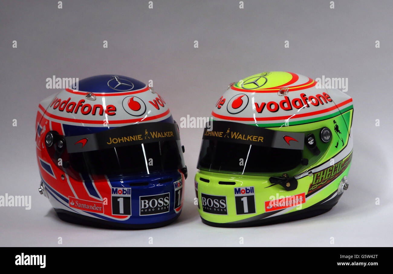 A view of Sergio Perez's (right) and Jenson Button's helmet during