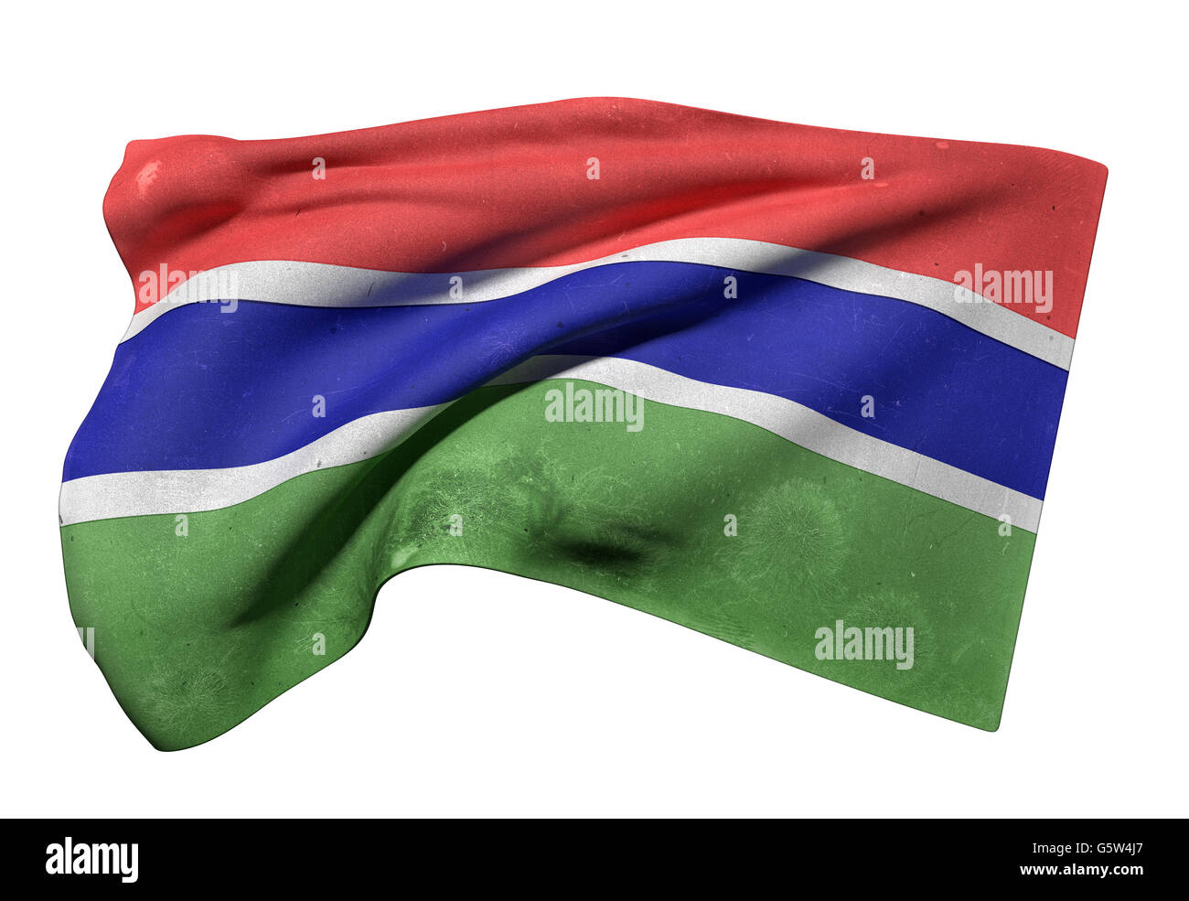 3d rendering of an old and dirty Gambia flag waving on a white ...