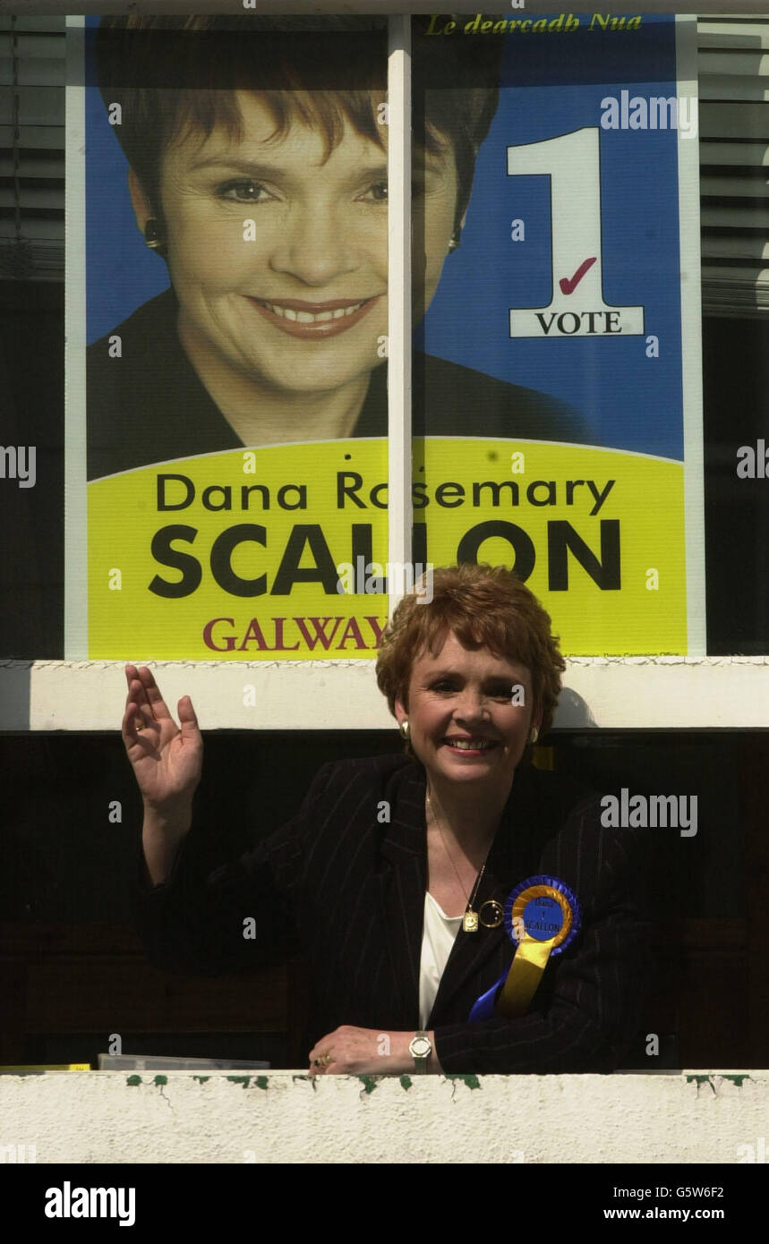 Independent candidate for Galway and former Eurovision Song Contest winner, Dana Rosemary Scallon waves from her office in Galway city centre as she prepares for the Irish General Election on 17 May. Stock Photo