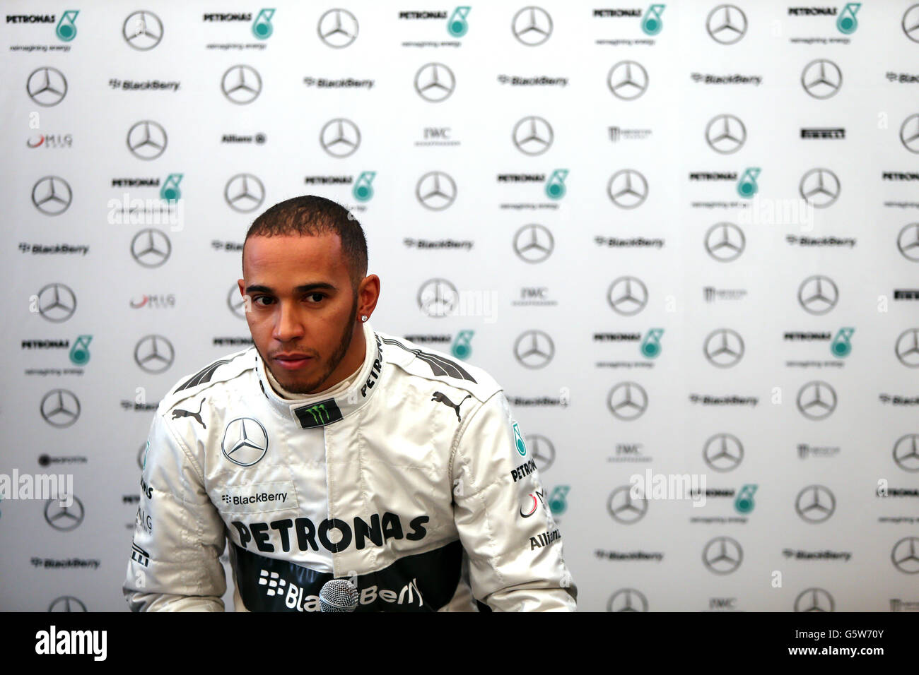 Lewis Hamilton during the Mercedes F1 W04 Launch at Circuito de Jerez, Jerez, Spain. PRESS ASSOCIATION Photo. Picture date: Monday February 4, 2013. Photo credit should read: David Davies/PA Wire. RESTRICTIONS: Use subject to restrictions. Editorial use in print media and internet only. No mobile or TV. Commercial use with prior consent. Stock Photo