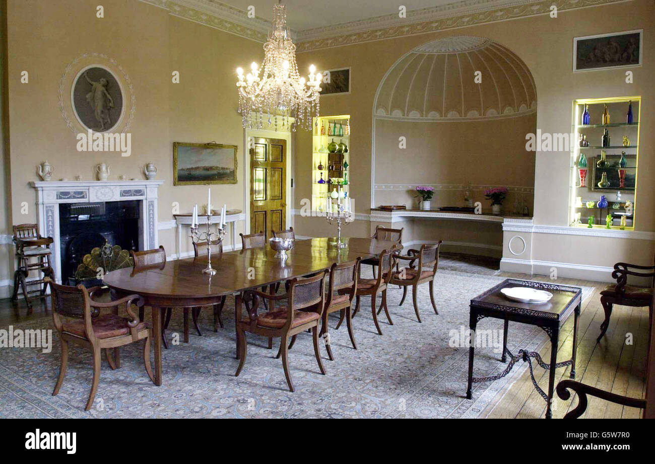 The dining room at Combe Hay, Bath, Somerset, on the day its sale was being launched. The Georgian manor house that belonged to the family behind jam-makers James Robertson and Sons is being sold on the open market for more than 6 million after the death of owner. * Barbara Robertson and is described as one of the most perfect country houses of its age. The Grade 1 listed building is set in 250 acres of parkland, complete with its own lake and small river, and the sale includes a thatched entrance lodge and three further houses. Stock Photo