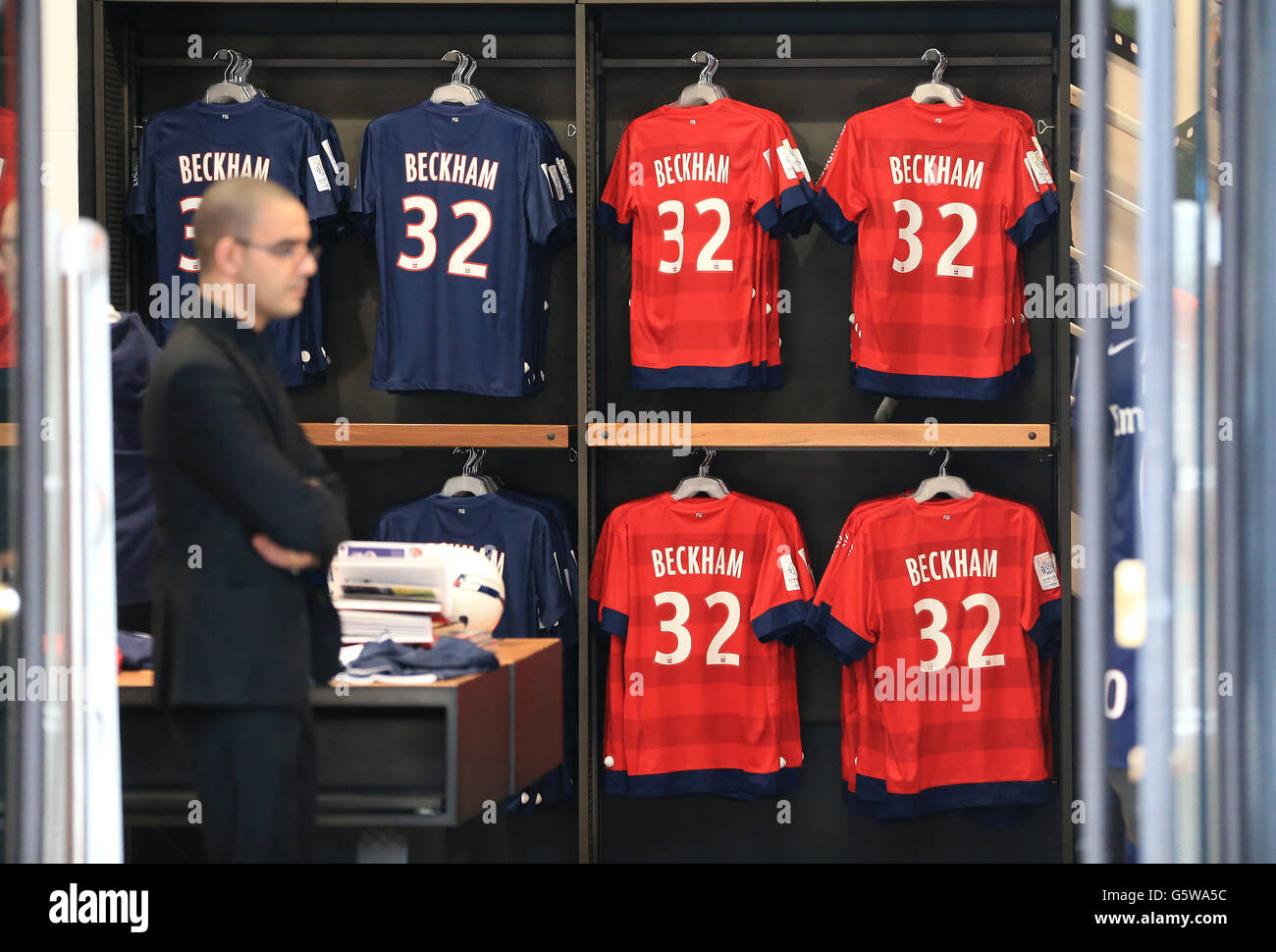 David Beckham shirts with the number 32 hang in th Paris
