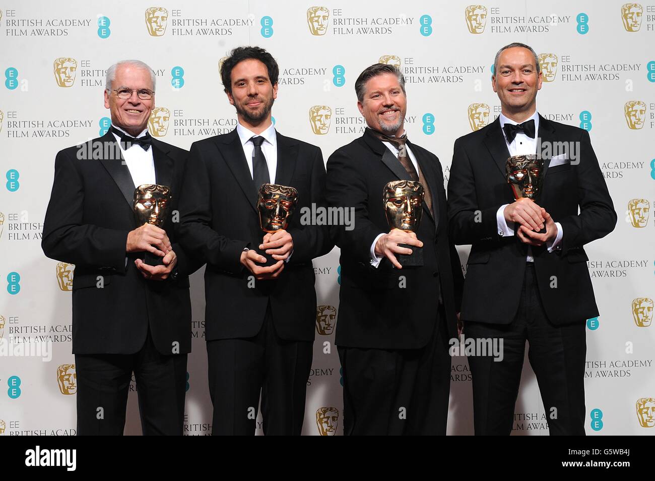 Donald r Elliot, Guillaume Rocheron, Bill Westenhofer and Erik-Jan De Boer with the award for Best Special Visual Effects for 'Life of Pi' in the press room at the 2013 British Academy Film Awards at the Royal Opera House, Bow Street, London. Stock Photo