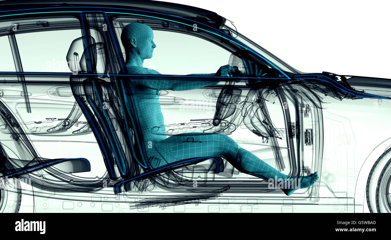 xray image of a car with test driver, 3d illustration Stock Photo