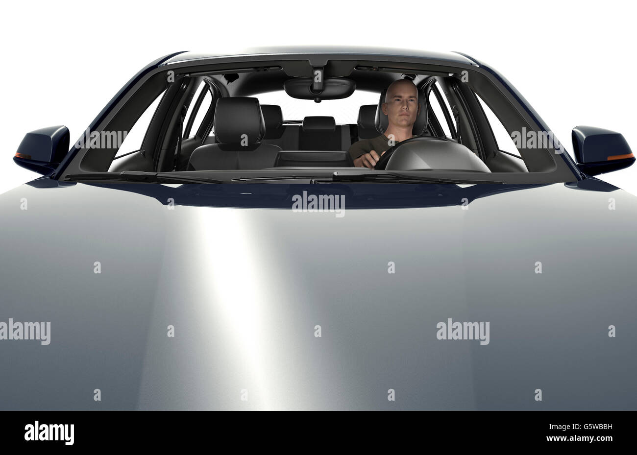 the motorhood with driver of a modern car  ,  3d illustration Stock Photo