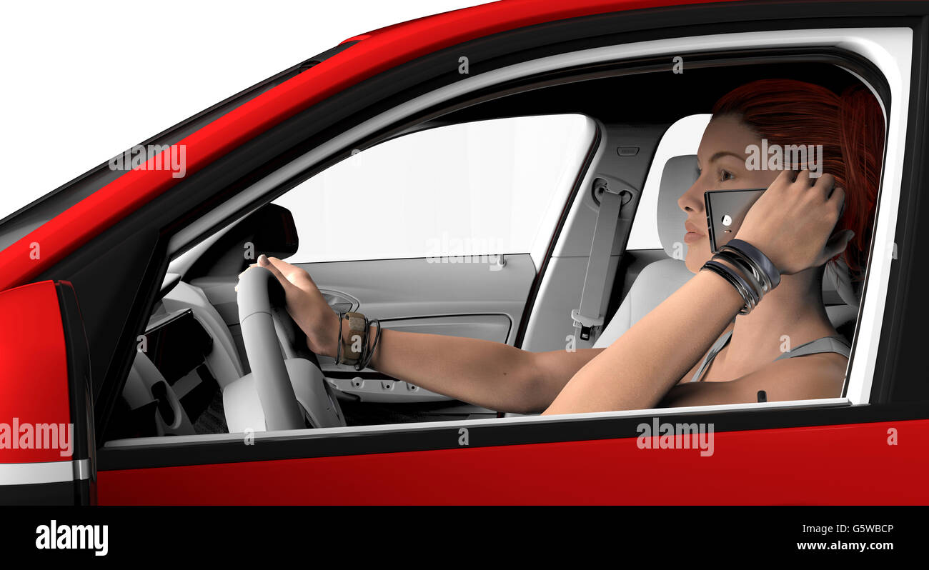 woman with telephone driving in a car , 3d illustration Stock Photo