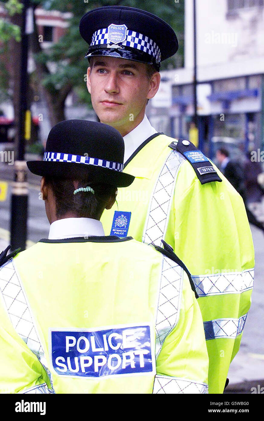 Two community police officers, London. A recruitment drive to urge members of the public to sign up as new police community support officers was being launched. * ... Metropolitan Police Commissioner Sir John Stevens will kickstart his force's campaign to get volunteers on board for the new back-up roles.Community support officers have been proposed in Home Secretary David Blunkett's Police Reform Bill. Stock Photo