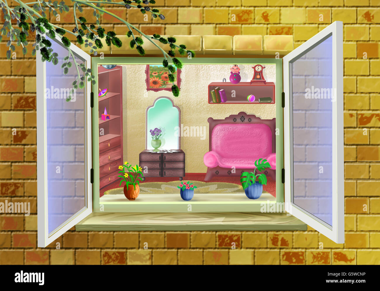 Cartoon Window with room interior on background. Cartoon Style Character,  Fairy Tale Story Stock Photo - Alamy