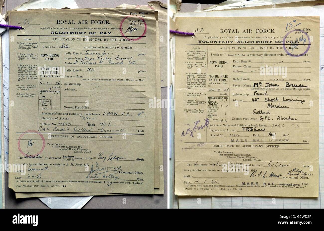 Composite of two Voluntary Allotment of Pay notices which were among files released to the Public Record Office. Left, to a Miss Ruby Bryant, in Newark, Notts, and one to Lawrence's minder John Bruce. Stock Photo
