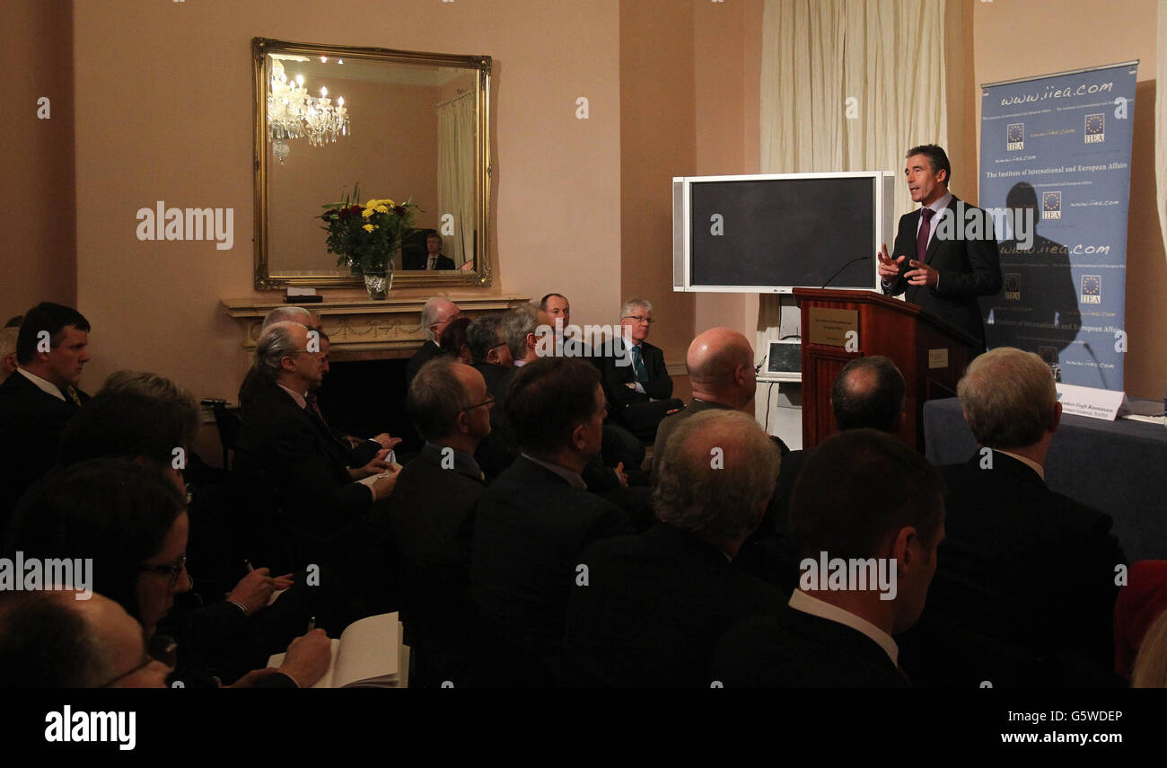 NATO Secretary General Anders Fogh Rasmussen speaking at the Institute of International and European Affairs in Dublin. Stock Photo