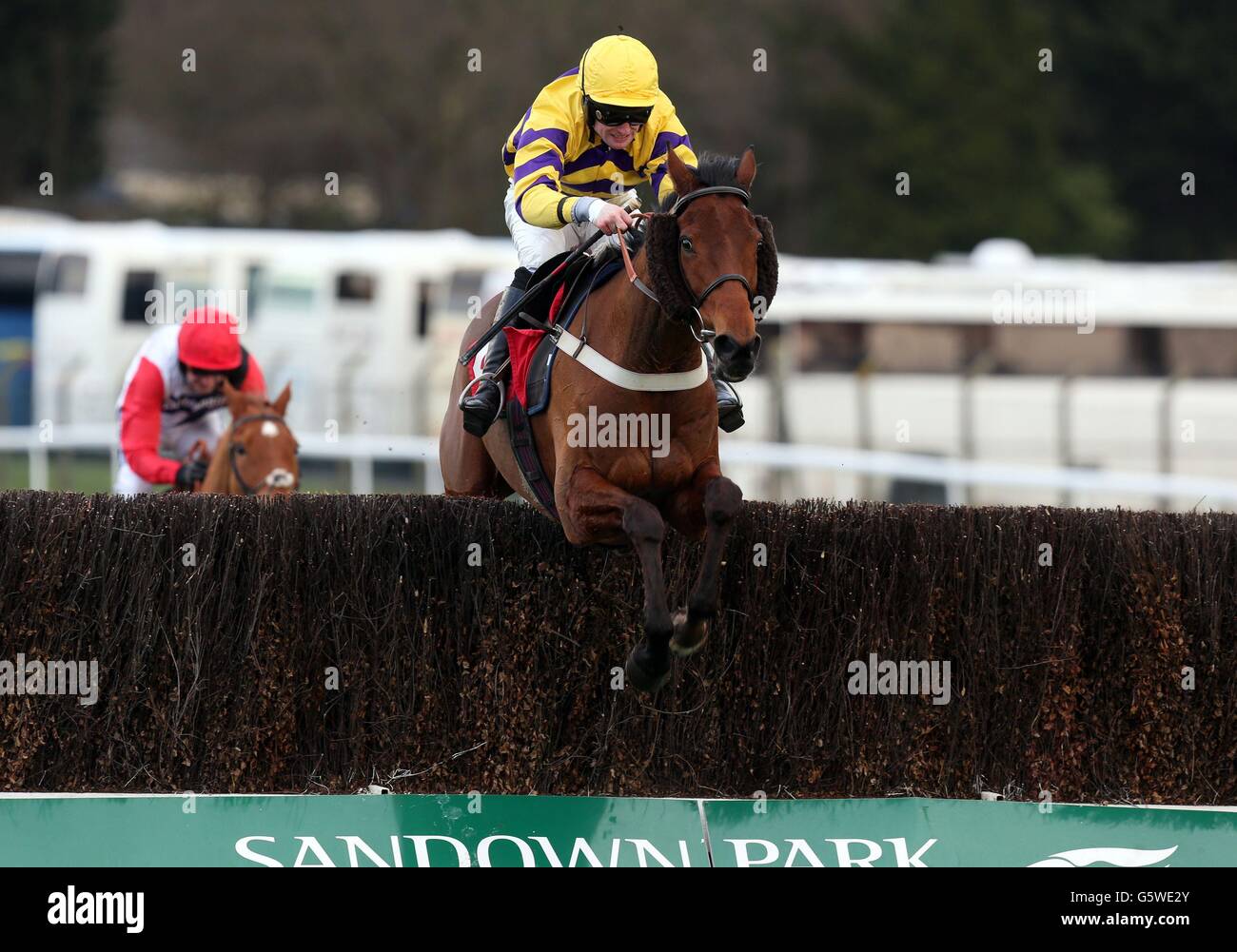 Pistol riden by Richard Johnson wins the London Southend Airport Juvenile Hurdle during Royal Artillery Gold Cup Day at Sandown Park Racecourse, Esher. Stock Photo