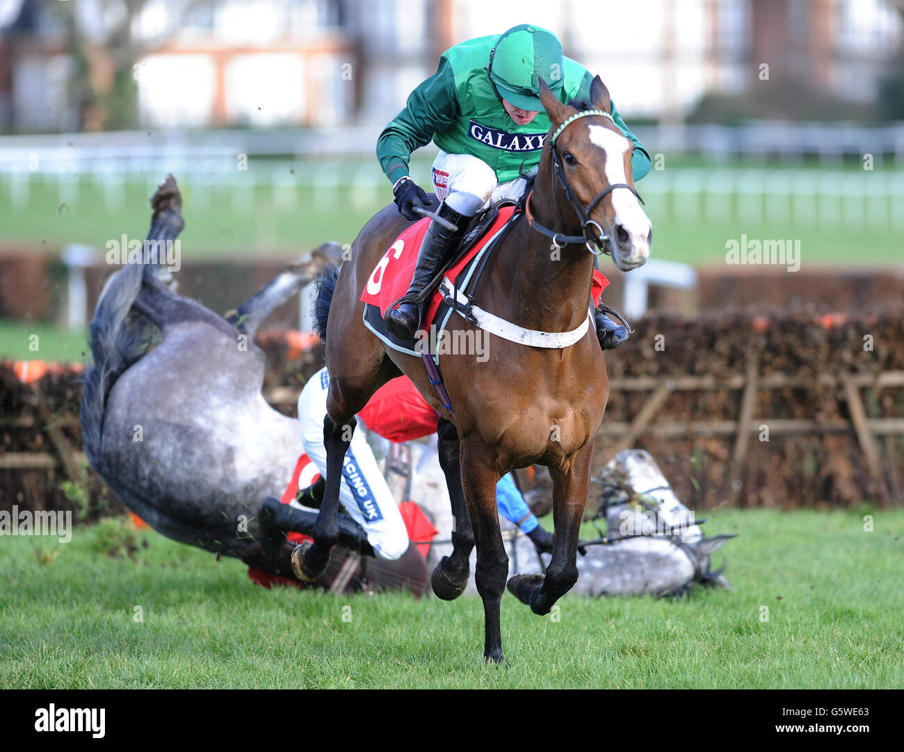 Utopie Des Bordes ridden by Barry Geraghty clears the last fence as Twigline ridden by Rubt Walsh falls in the Jane Seymour Mares' Novices' Hurdle Race(Listed) on Royal Artillery Gold Cup Day at Sandown Park Racecourse Stock Photo
