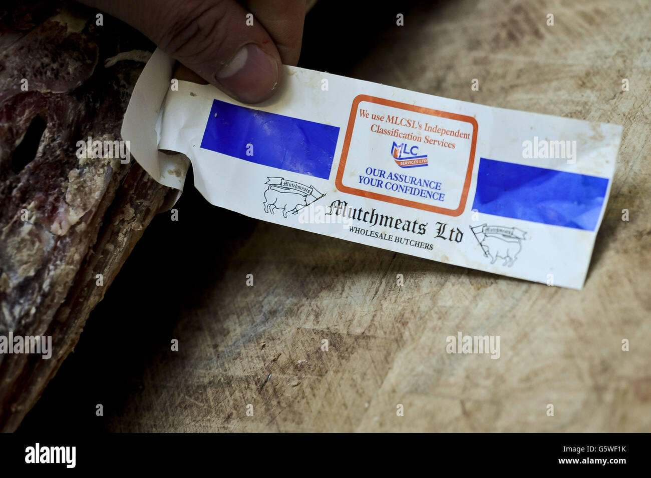 A meat identifying tag on a beef carcass, complete with barcode, that