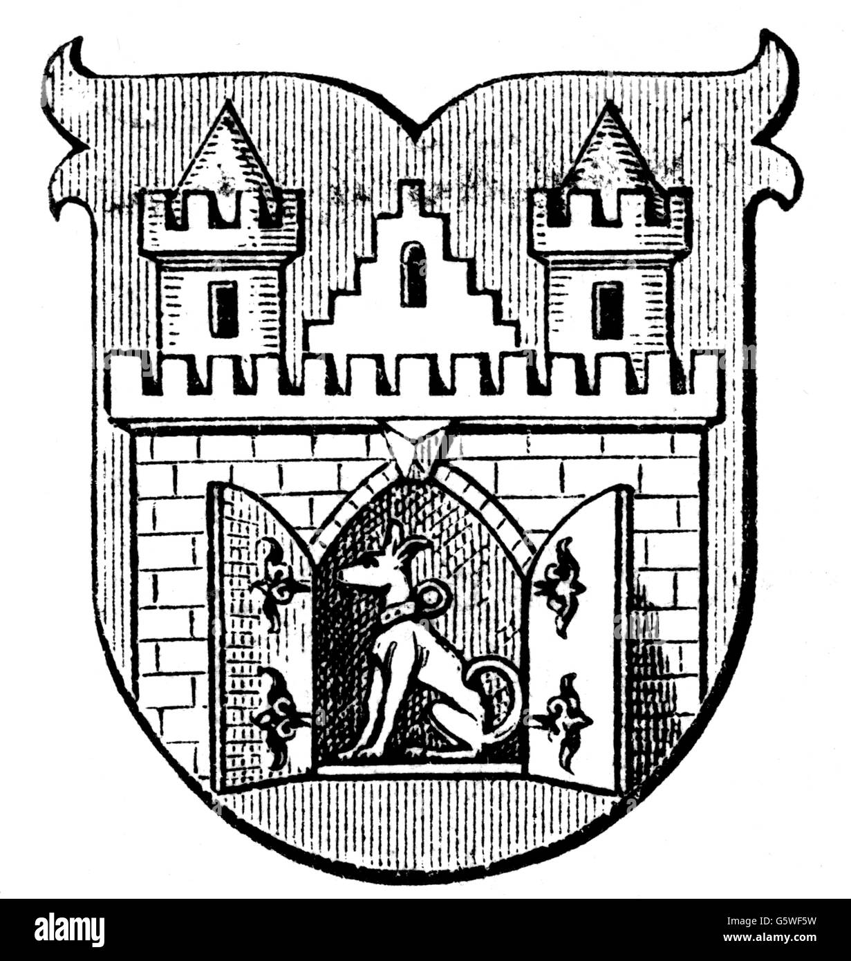 heraldry, coat of arms, Germany, city arms, Quedlinburg, wood engraving, 1893, Additional-Rights-Clearences-Not Available Stock Photo