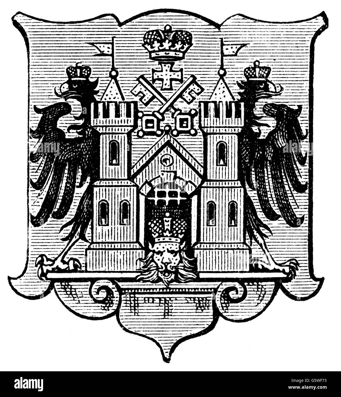 heraldry, coat of arms, Latvia, city arms, Riga, wood engraving, 1893, Additional-Rights-Clearences-Not Available Stock Photo