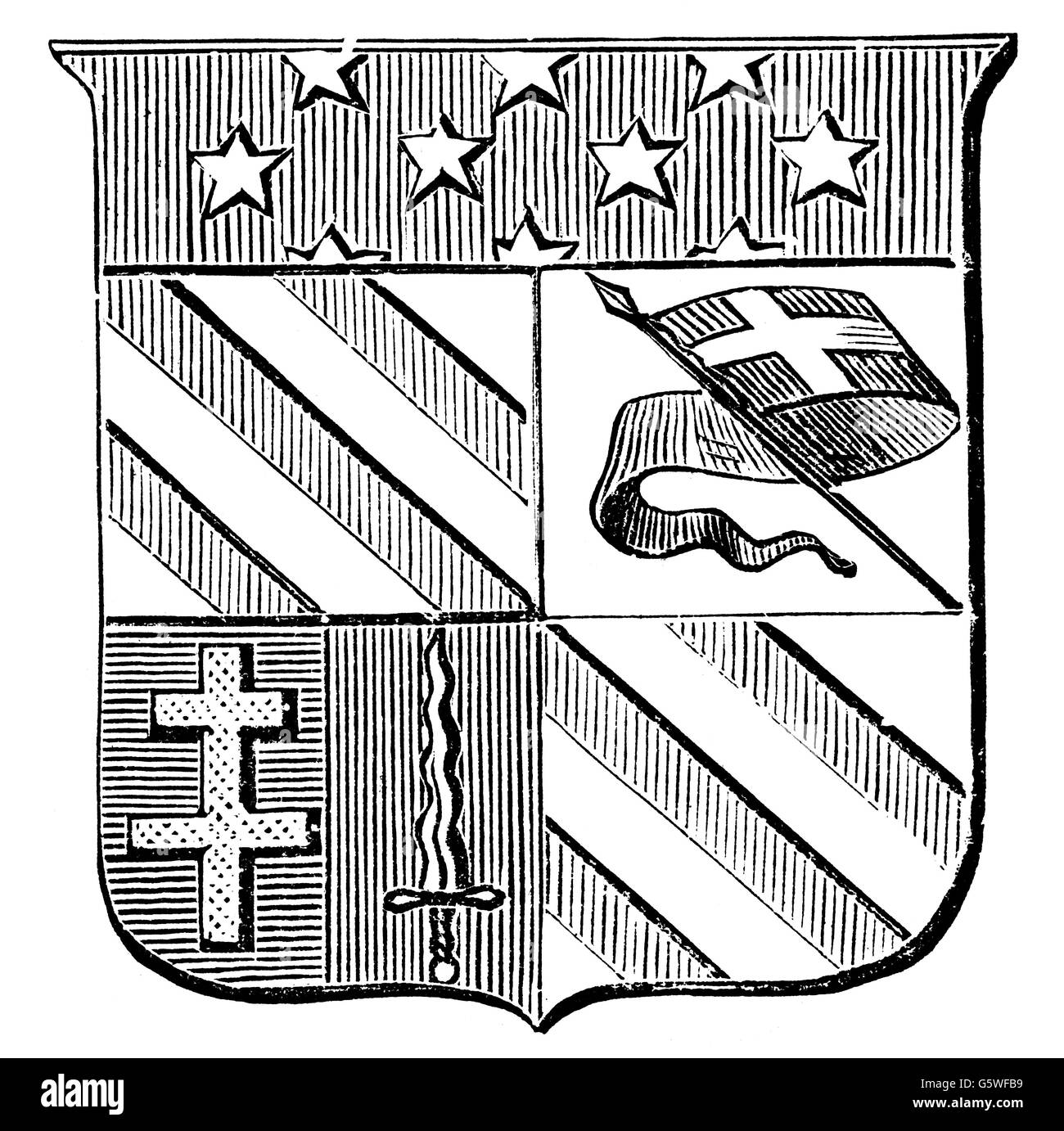 heraldry, coat of arms, individual coat of arms, coat of arms of Marshal Auguste Viesse de Marmont, Duke of Ragusa, awarded 1809, wood engraving, 1885, France, general, generals, military, bonapartist nobility, first empire, 19th century, historic, historical, Additional-Rights-Clearences-Not Available Stock Photo