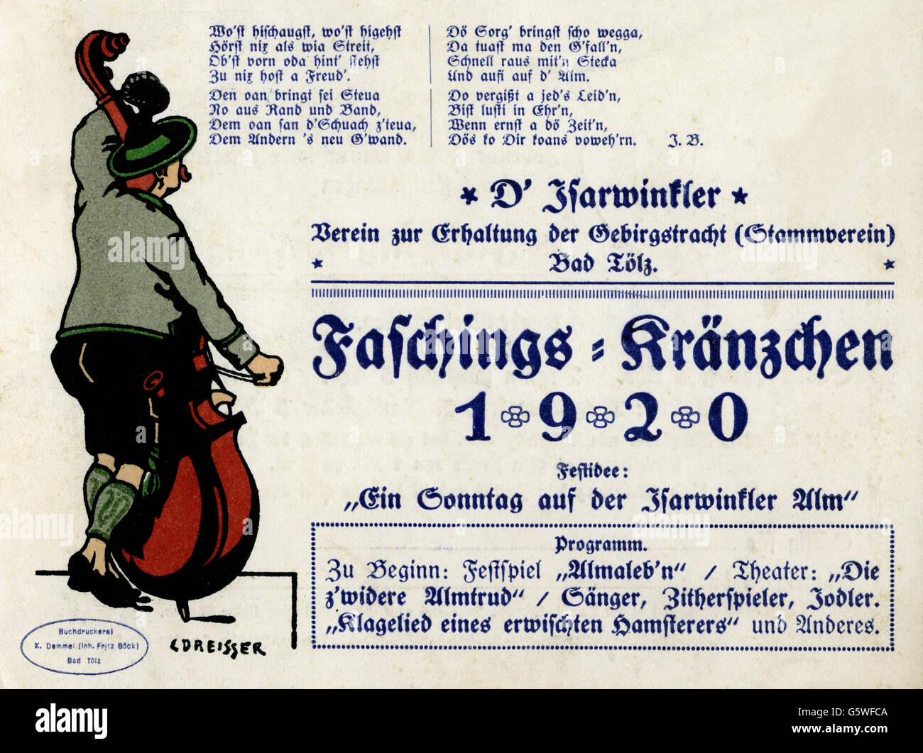 festivities, carnival, invitation card for the carnival gathering of the union for the preservation of the Alpine traditional clothing 'D'Isarwinkler', motto: 'A sunday on the Isarwinkel alp', Bad Tölz, 15.2.1920, obverse, Additional-Rights-Clearences-Not Available Stock Photo