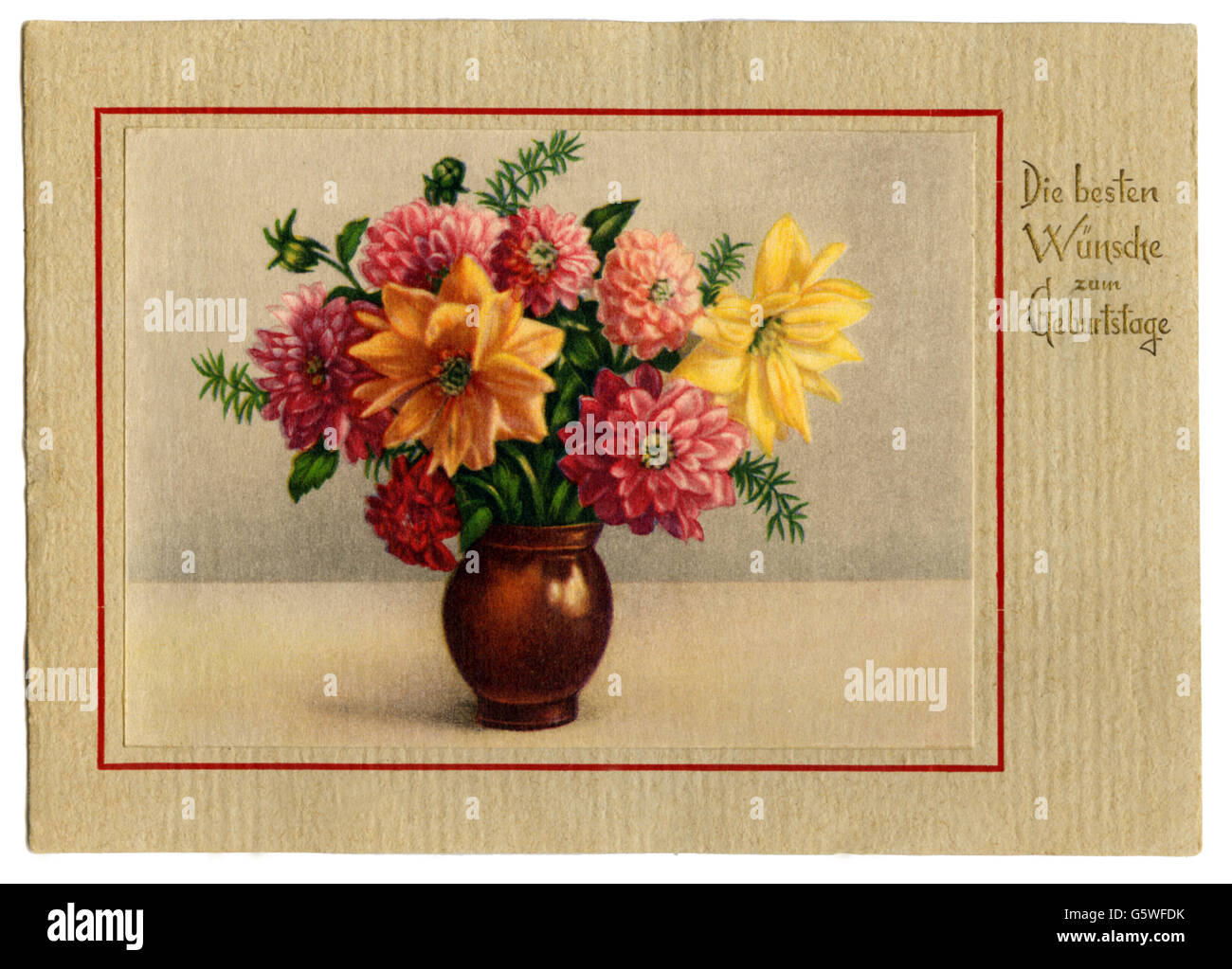 festivities, greetings card birthday, 'Die besten Wünsche zum Geburtstage' (Best wishes for your birthday), carnations in vase, postcard, Germany, 1930s, Additional-Rights-Clearences-Not Available Stock Photo