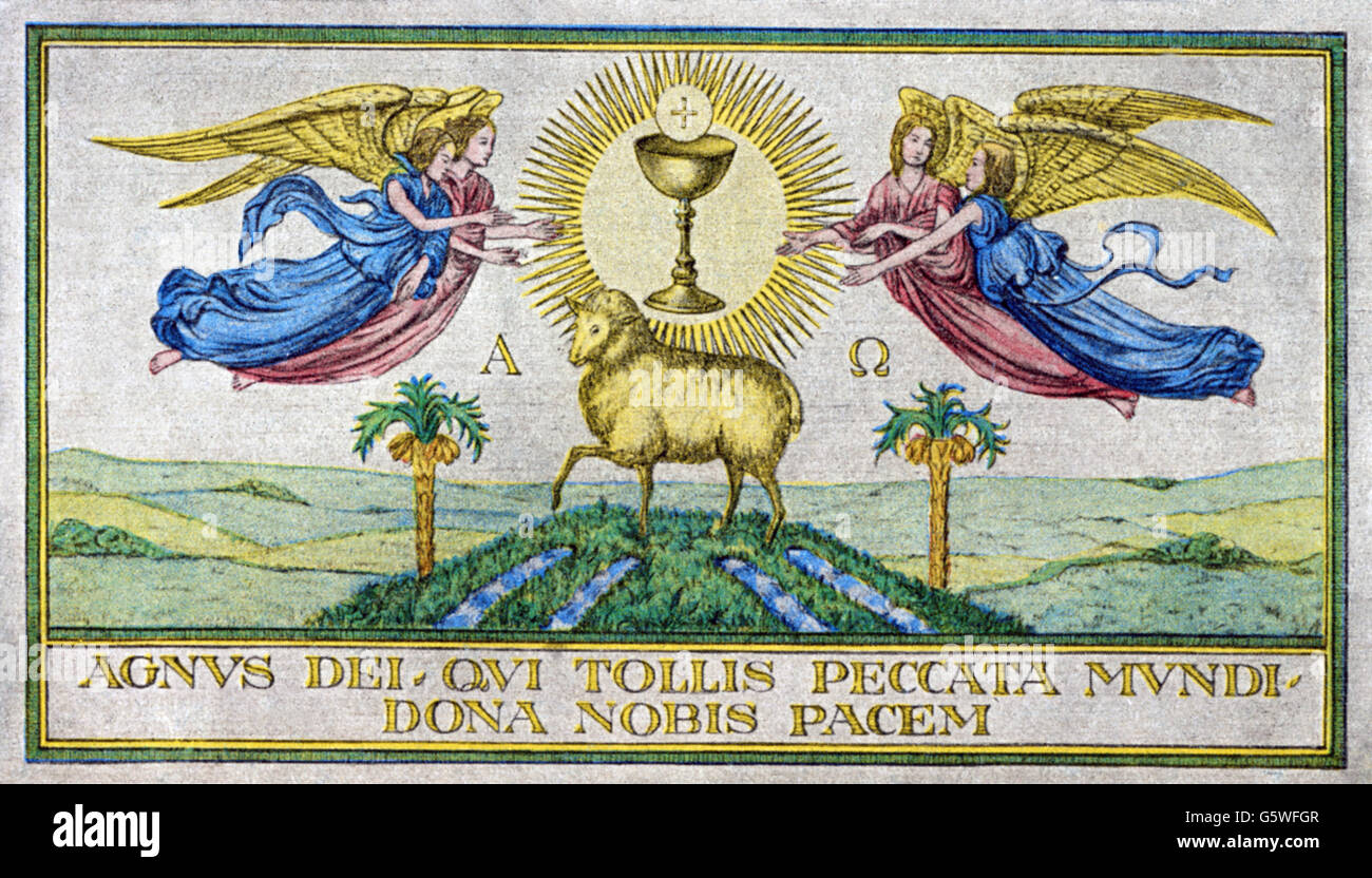religion,Christianity,devotional image,Lamb of God and chalice surround by angels,19th century,19th century,graphic,graphics,tradition,traditions,custom,customs,Catholicism,devotional image,holy picture,devotional card,holy card,holy cards,angel,angels,wing,wings,floating,chalice,cup,drain the cup of sorrow,sacramental bread,Communion Bread,consecrated host,altar bread,halo,nimbus,glory,gloriole,aura,halos,aureola,aureole,Mandorla,lamb,lambs,Agnus Dei,Lamb of God,hill,hills,stream,streams,palm,palm tree,palms,pa,Additional-Rights-Clearences-Not Available Stock Photo
