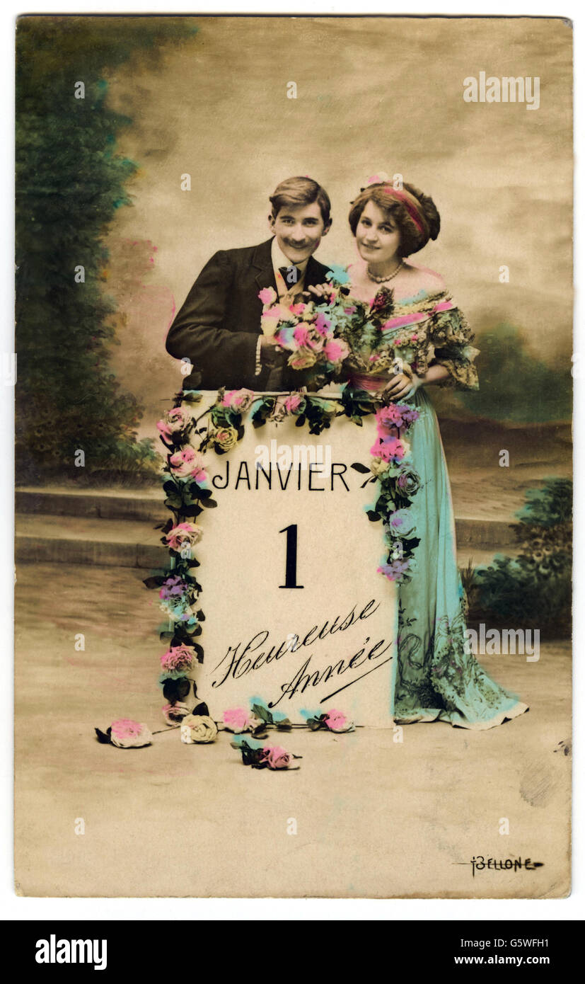 festivities, New Years Eve, 'Janvier 1 - Heureuse Annee' (1 January - Happy New Year), young couple, picture postcard, Bellone picture publisher, circa 1910, Additional-Rights-Clearences-Not Available Stock Photo