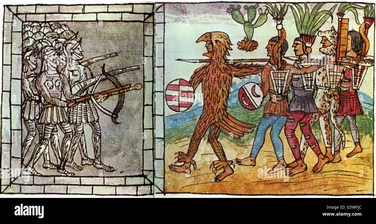 Spanish conquest of Mexico 1519 - 1521, Spaniards under Hernan Cortes are besieged in the palace, 30.6.1520, 'Historia de las Indias de Nueva Espana e Islas de Tierra Firme' of Diego Duran, 2nd half 16th Century, Additional-Rights-Clearences-Not Available Stock Photo